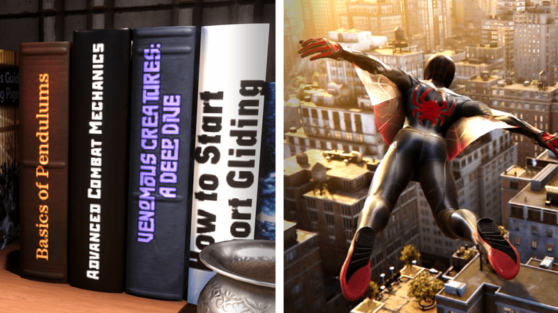 Books on a shelf on the left and Miles Morales gliding on the right.
