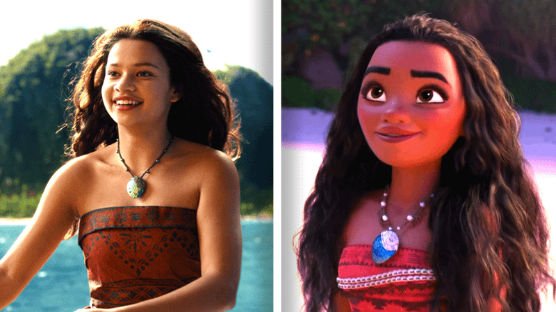 Catherine Laga'aia as Moana on the left and the animated Moana on the right.