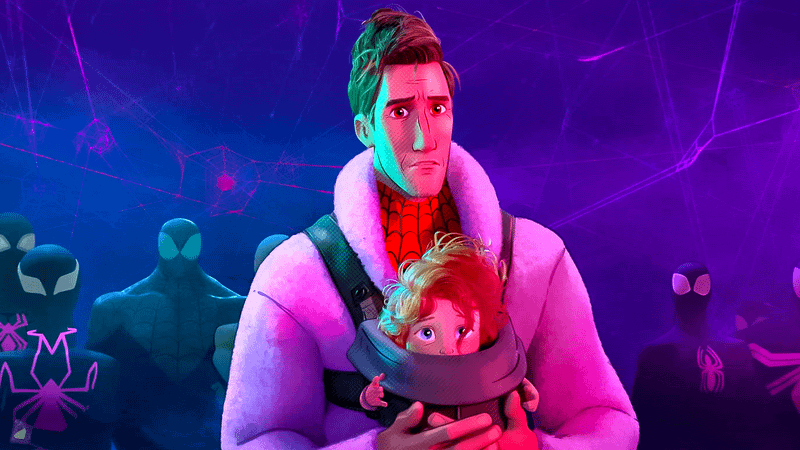 Peter B Parker holding Mayday Parker in Across the SpiderVerse.