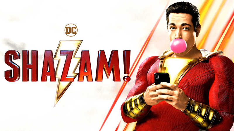 Zachary Levi blowing a bubble of gum on the Shazam! poster