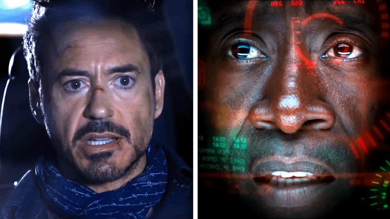 Robert Downey Jr. as Tony Stark, Don Cheadle as James Rhodes in Iron Man 3