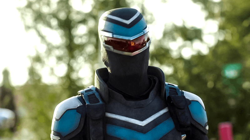 Freddie Stroma as Vigilante in his full suit in Peacemaker