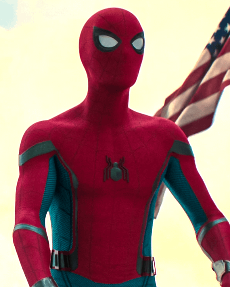 Tom Holland wearing the Stark Spider-Man suit in Spider-Man: Homecoming.