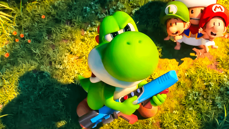 Yoshi holding up a gun in The Super Mario Galaxy Movie.