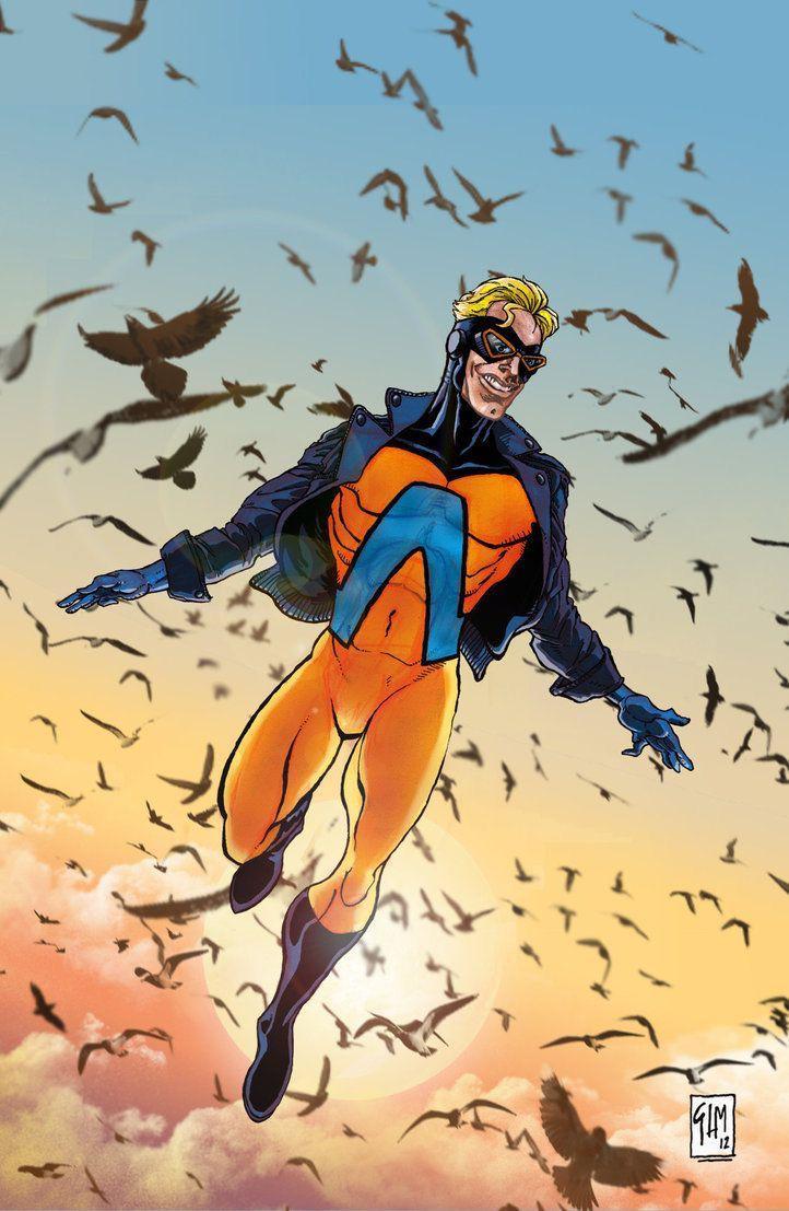 Animal Man flying through the skies with a flock of birds in DC Comics