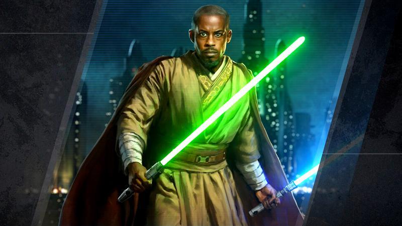 Kelleran Beq holding out his saber in Star Wars