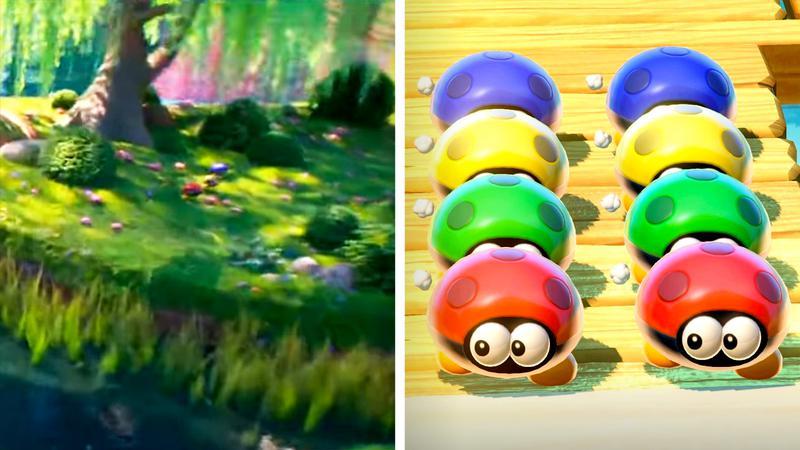 Several Biddybuds around a tree in The Super Mario Galaxy Movie
