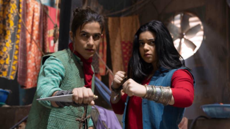 Kamala Khan (Ms. Marvel), played by Iman Vellani, and Kareem (Red Dagger), played by Aramis Knight.