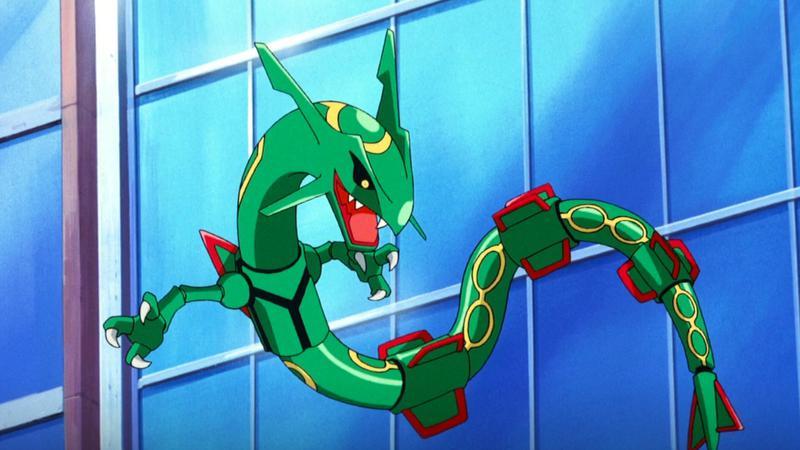 Rayquaza next to a building in Pokemon