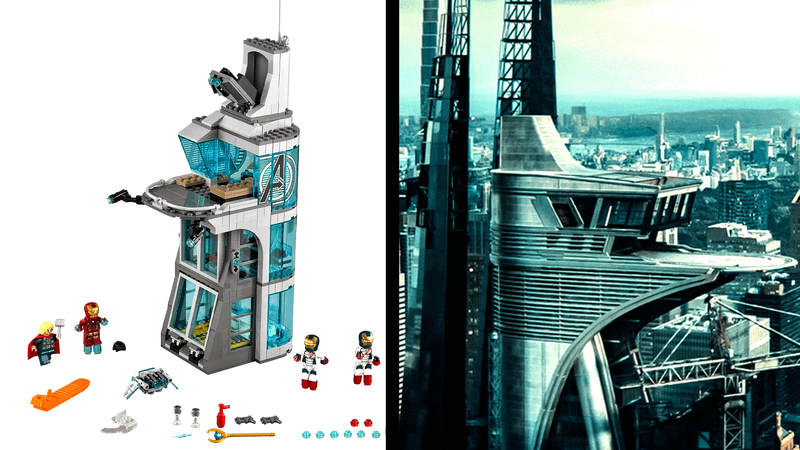 An Avengers tower LEGO compared to the new version in the MCU.