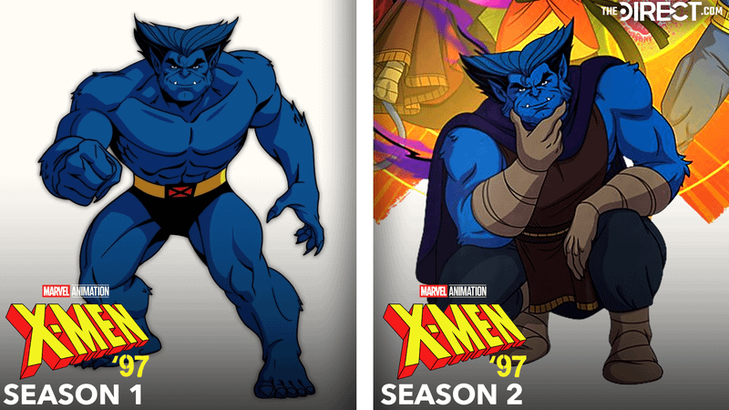 Beast in black shorts in 'X-Men '97' Season 1, Beast in black pants and tank top in 'X-Men '97' Season 2.