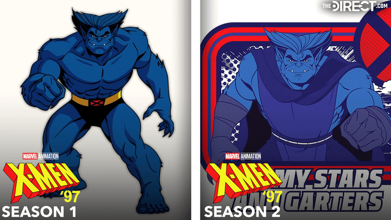 Beast in black shorts in 'X-Men '97' Season 1, beast in blue tank top with cape and gloves in 'X-Men '97' Season 2.