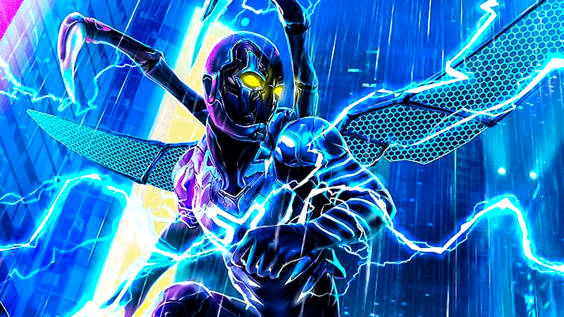 Xolo Maridueña as Blue Beetle ion his sui with lightning around him in Blue Beetle