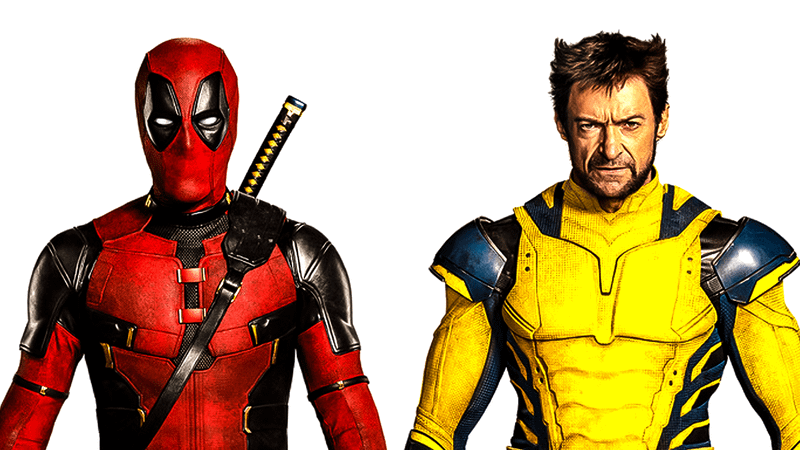 Ryan Reynolds and Hugh Jackman as Deadpool and Wolverine.