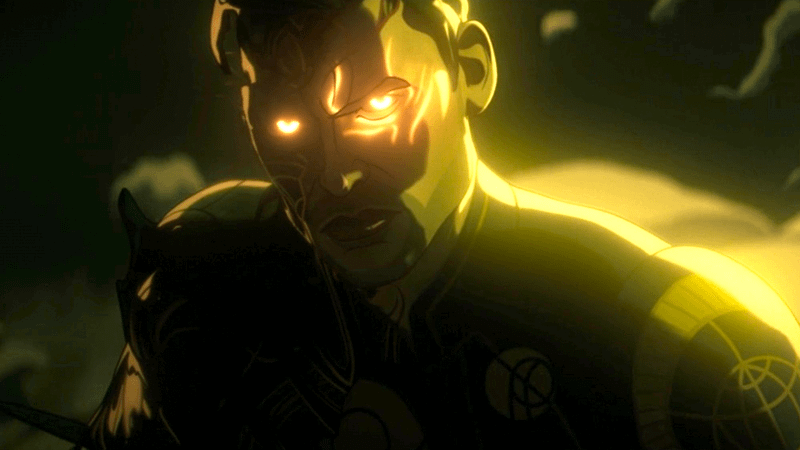 Zombie Ikaris looking angrily at the camera with glowing eyes in Marvel Zombies