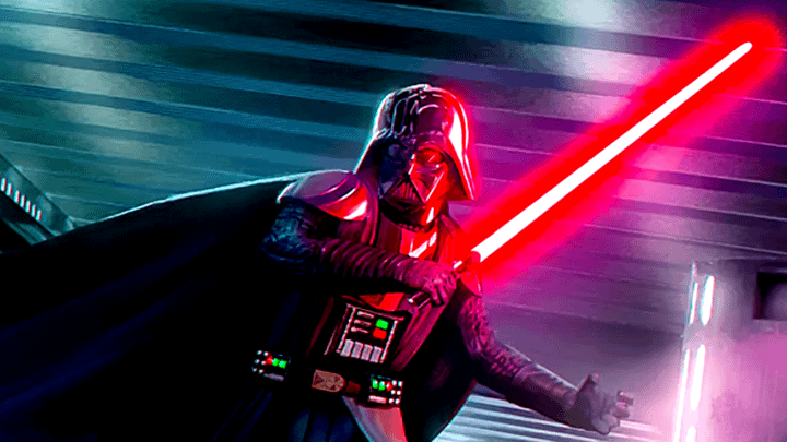 Darth Vader holding his red lightsaber.