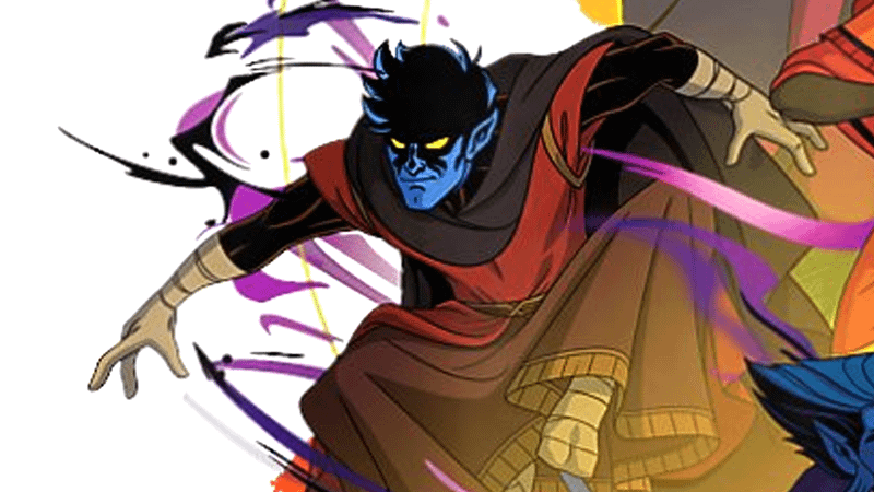 Nightcrawler uses his mutant powers with a menacing look on his face.