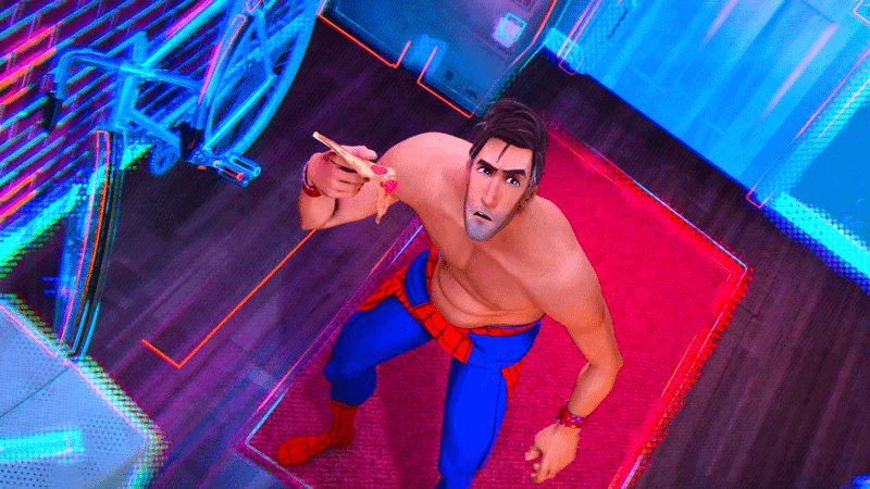 Peter B. Parker, holding a slice of Pizza in his Spider-Man pants.