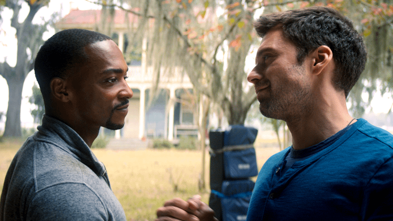 Anthony Mackie as Sam Wilson and Sebastian Stan as Bucky Barnes in The Falcon and the Winter Soldier