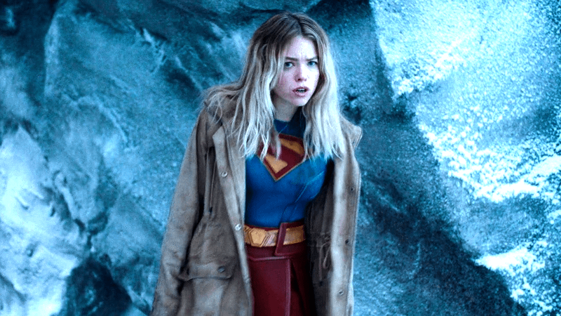 Milly Alcock as Supergirl in a brown jacket in Superman