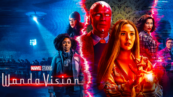 Monica Rambeau, Darcy Lewis, Vision, Wanda Maximoff, Agatha Harkness, and Jimmy Woo on the WandaVision poster.