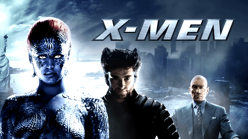 Rebecca Romijn as Mystique, Hugh Jackman as Wolverine, Patrick Stewart as Professor X in 'X-Men' poster.