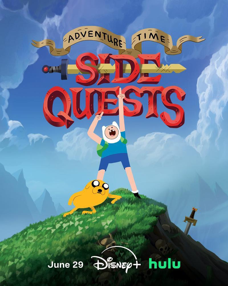 Official poster for Adventure Time spin-off Side Quests showing Finn and Jake on a hill under the logo.