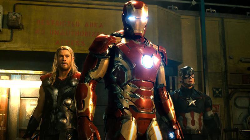 Iron Man, Captain America, and Thor standing together in Avengers: Age of Ultron