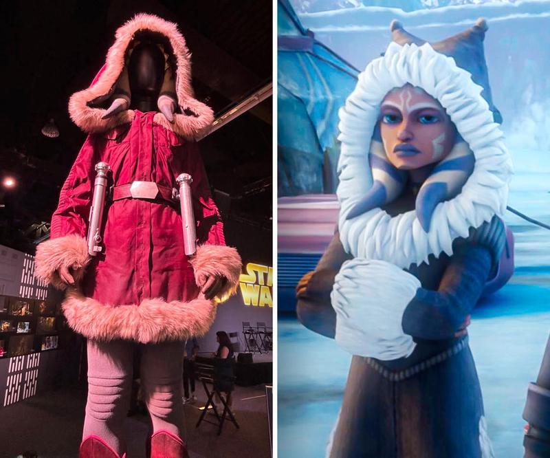 Ahsoka Season 2, red winter costume at D23 vs The Clone Wars snow costume.