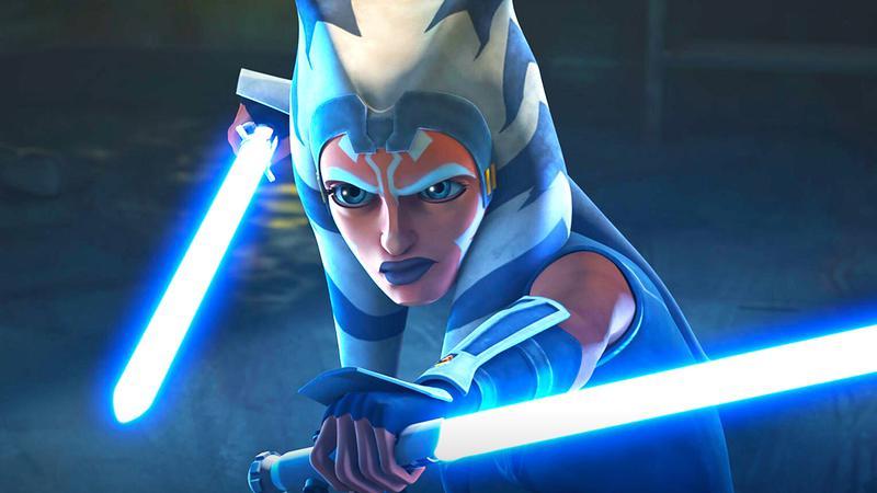 Ahsoka holding out her lightsabers in Star Wars: The Clone Wars 