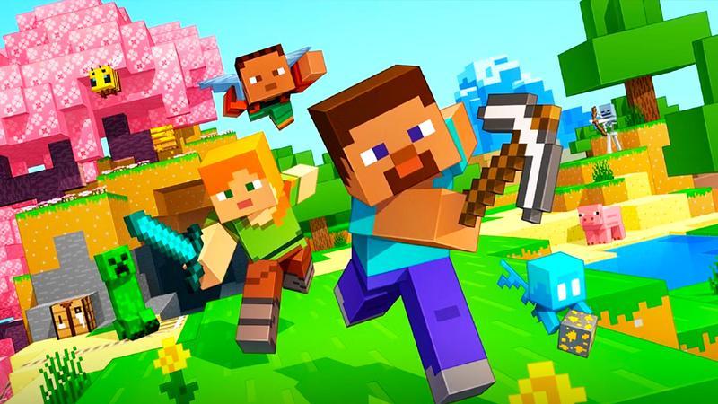 Steve and Alex in Minecraft running toward the camera