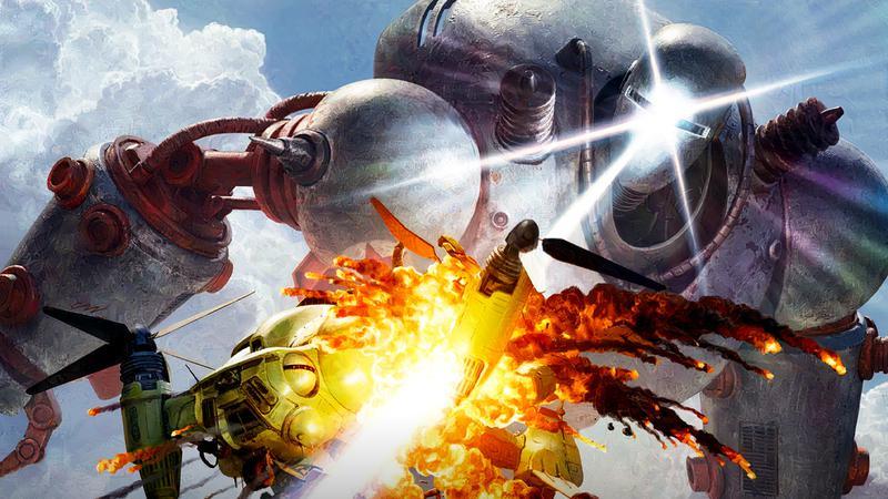 Liberty Prime Alpha shooting a ship out of the air in Fallout.