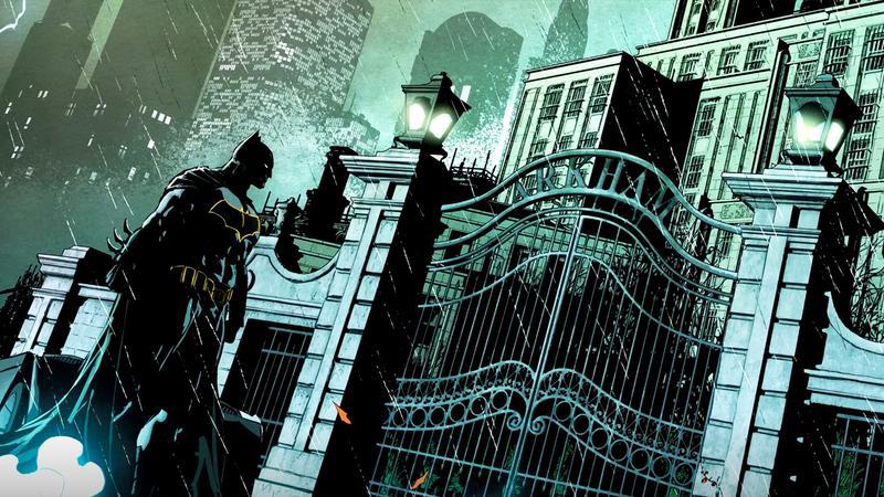 Batman at the gates of Arkham Asylum in DC Comics