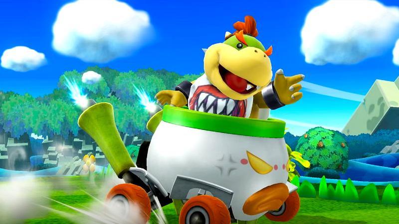 Bowser Jr. pointing at the horizon in his clown car in Super Smash Bros. Ultimate