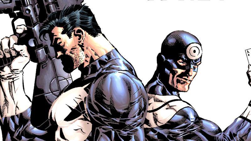 Punisher and Bullseye standing back to back in Marvel Comics.