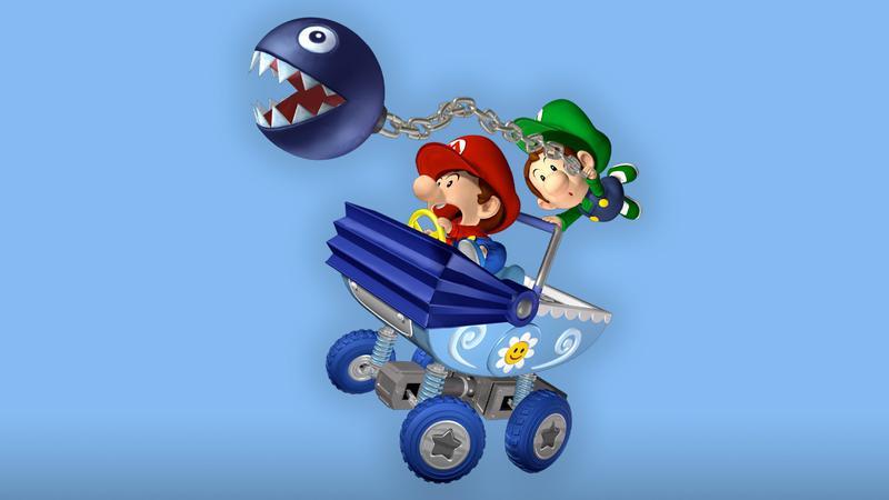 Baby Mario and Luigi in a kart with a Chain Chomp dragging them in Mario kart.