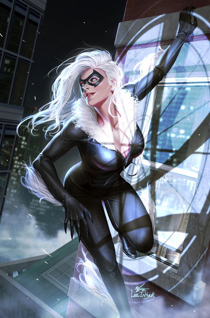 Black Cat hanging in a window in Marvel Comics