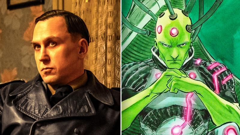 Photo of Lars Eidinger alongside an image of Brainiac from DC Comics.
