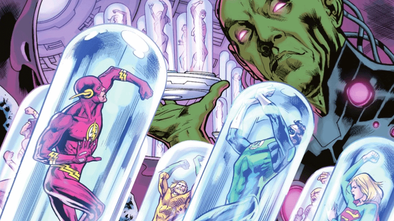A large Braniac standing over multiple captured heroes like Flash, Green Lantern, and Supergirl trapped in bottles.