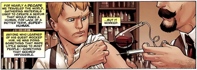 Panel from the Brit comic showing him being injected with a serum by his father.