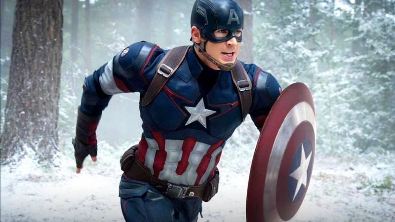 Chris Evans as Steve Rogers running through the snow in Avengers: Age of Ultron