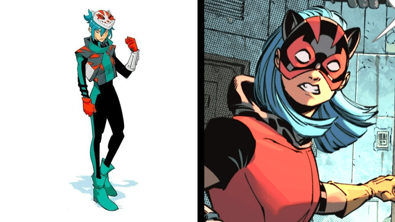 Comparison between Cheshire Cat's new and old costume.