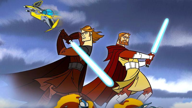 Anakin and Obi-Wan with their sabers out in Star Wars: Clone Wars.