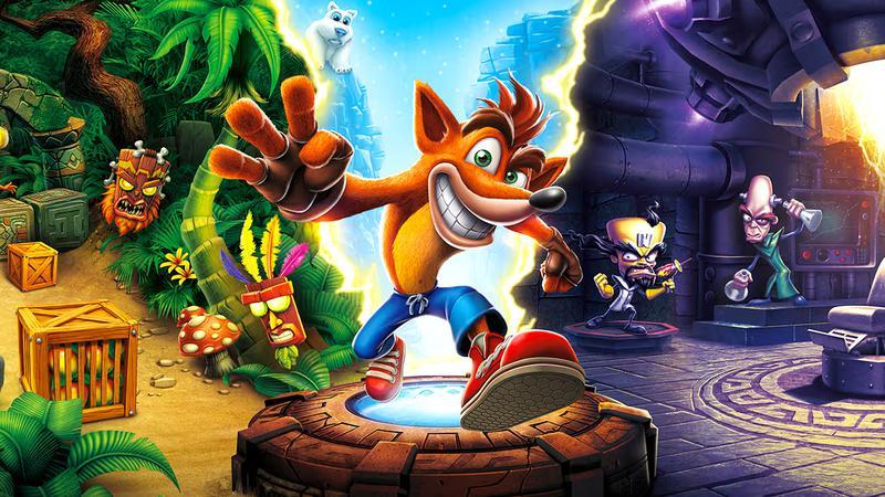 Crash Bandicoot with three levels in the background