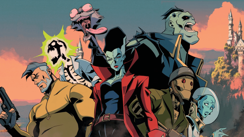 Rick Flag Sr., Doctor Phosphorus, Weasel, the Bride of Frankenstein, G.I. Robot, Eric Frankenstein, and Nina Mazursky pose in Creature Commandos.  