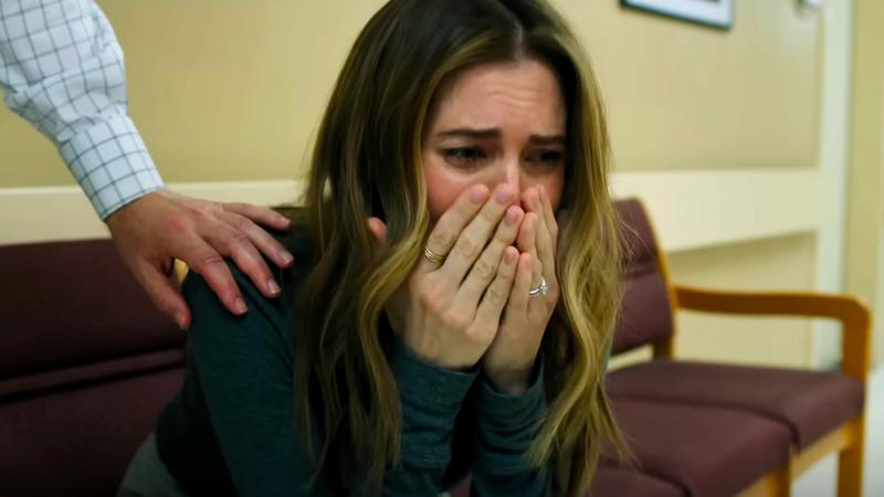 Allison Williams as Morgan crying in a hospital waiting room in Regretting You