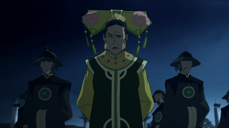 The Earth Kingdom Queen Hou-Ting alongside her Dai Lie agents from The Legend of Korra.