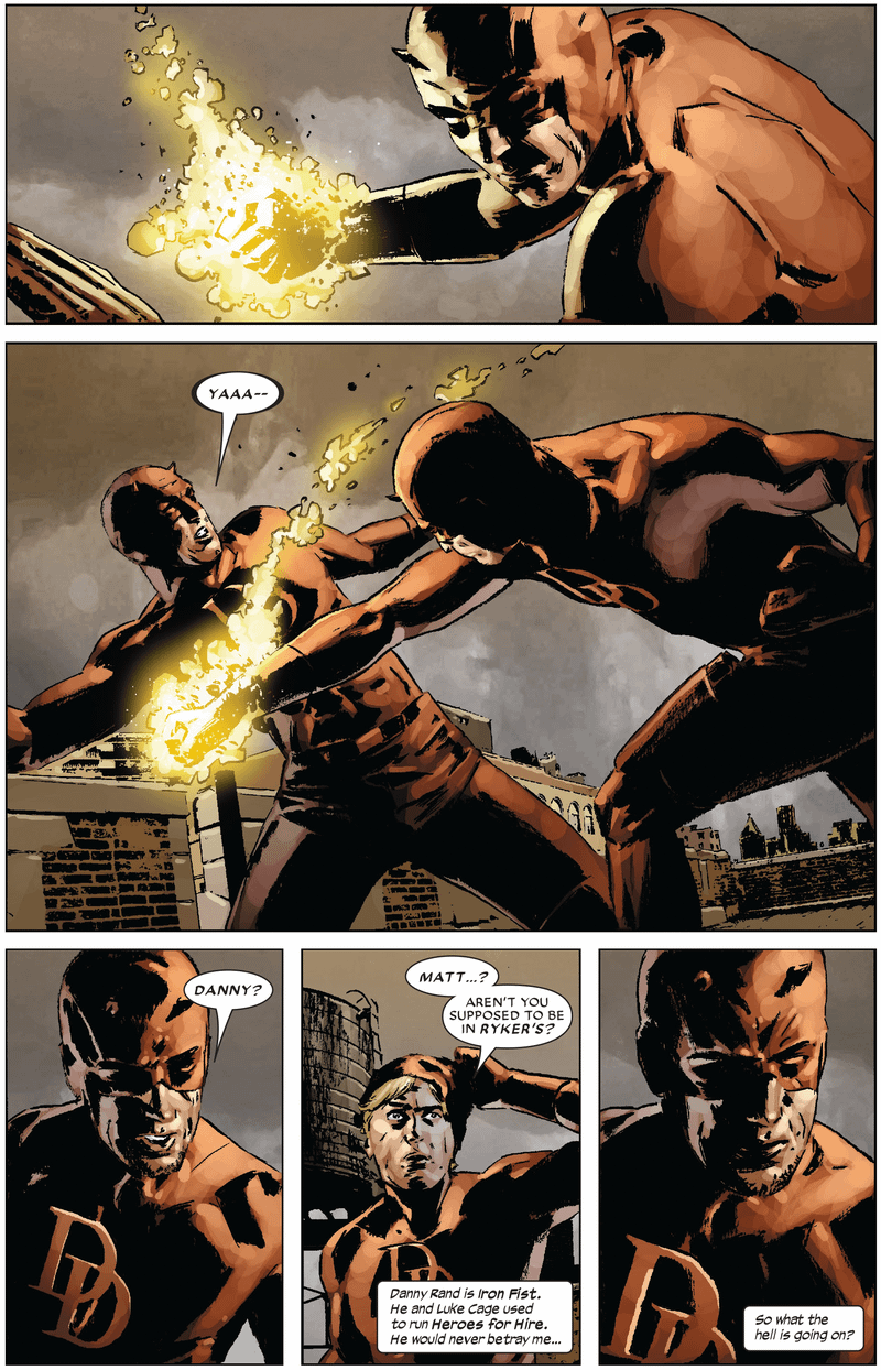 Page from Daredevil comic showing Murdock and Iron Fist fighting each other in Daredevil costumes before the situation is defused.