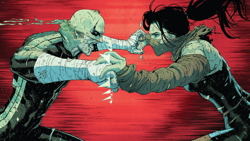 Panel from Defenders comic showing Iron Fist and Elektra fighting.