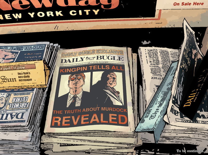 A page spread from Daredevil comic showing front page of a newspaper showing Kingpin outing Matthew Murdock as Daredevil.